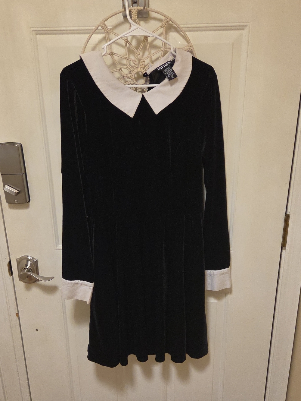 Hot Topic Black Velvet Long-Sleeve Dress with White Collar and Cuffs
